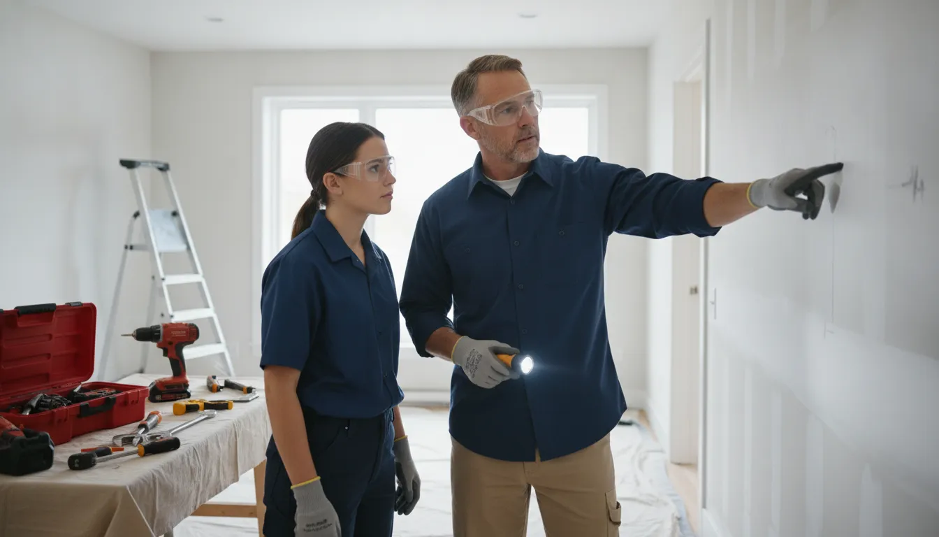 Handyman business owner and technician reviewing a jobsite safety setup