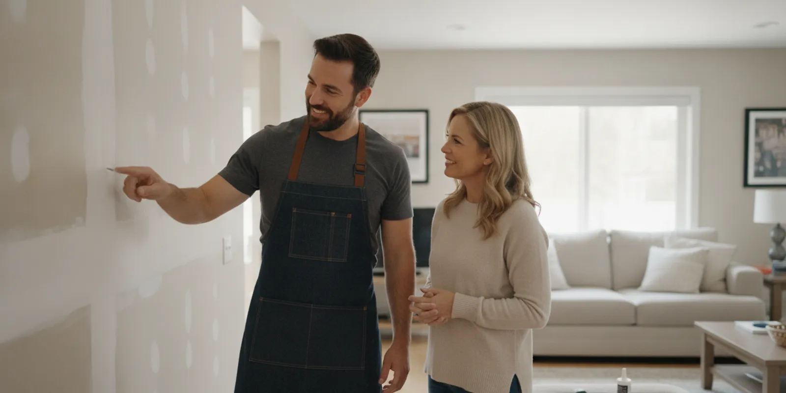 Handyman speaking with a homeowner beside a small repair project at a tidy home
