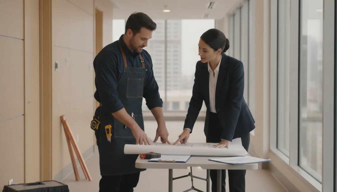 Handyman business owner reviewing a commercial maintenance agreement with a property manager