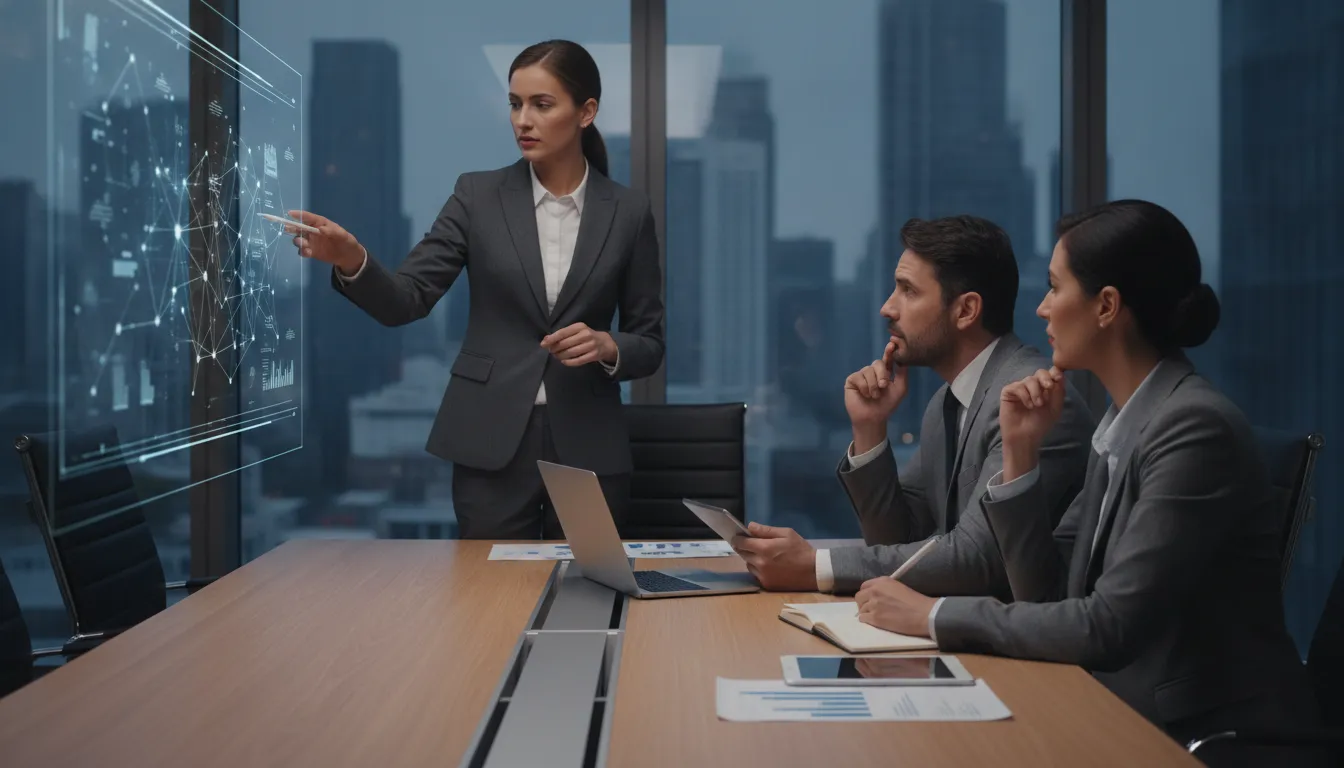 A business boss reviews lead generation data with her team, deciding if buying leads is worth it.