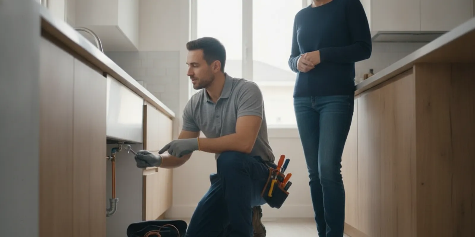 Handyman technician discussing a repair option with a homeowner in a bright home