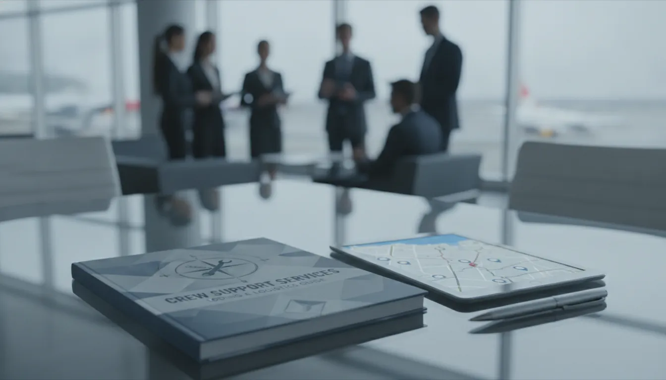 Crew support services guide and logistics plans on a table during a business team meeting.