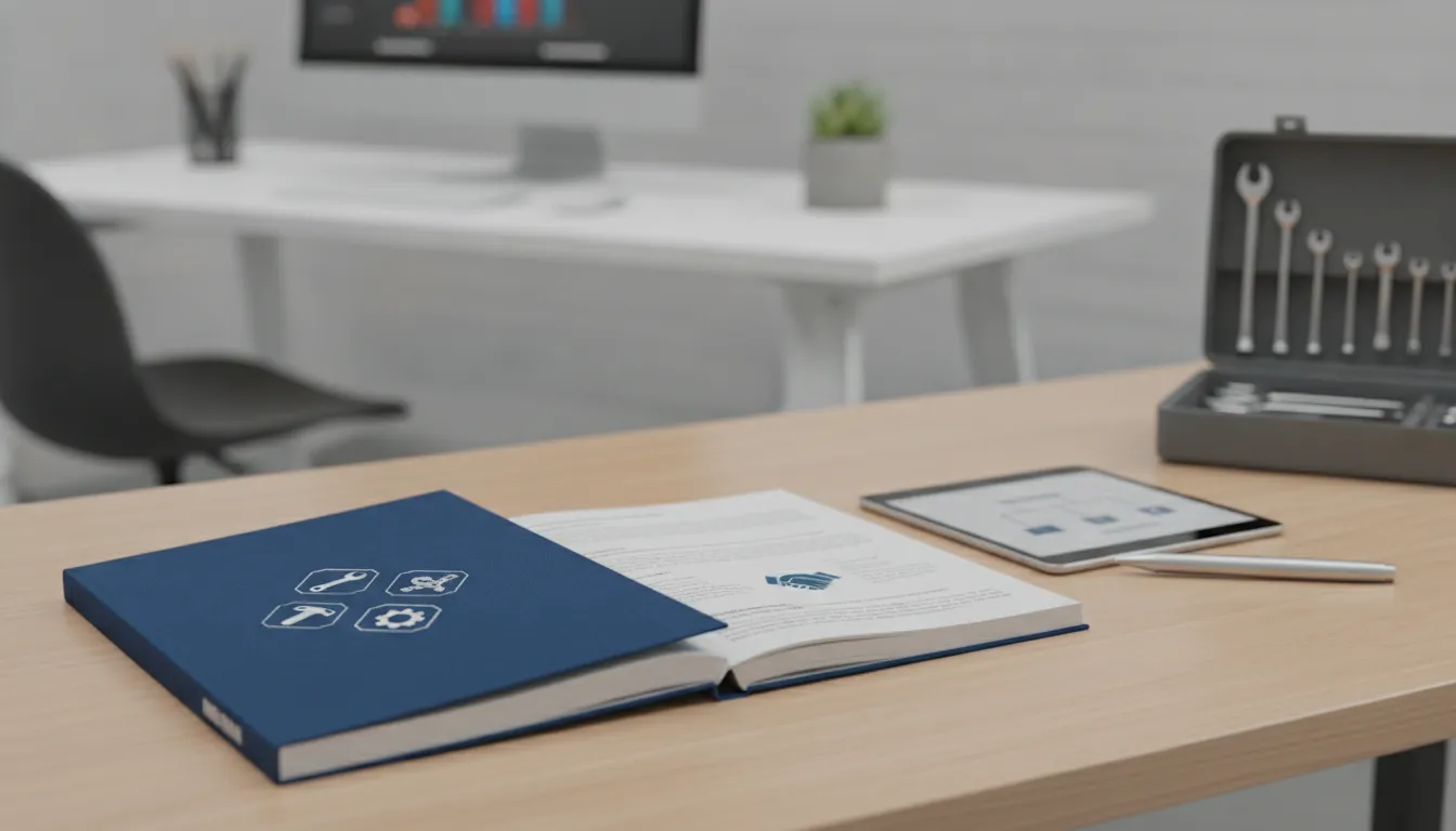Employee handbook, tablet, and handyman tools on a desk.