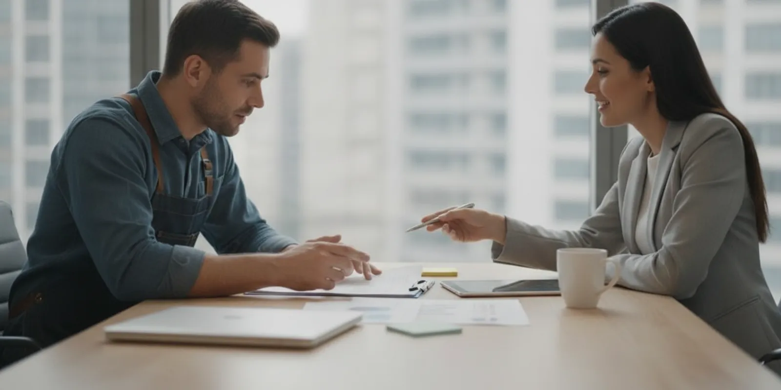 Handyman business owner reviewing pricing and operations plans with an advisor at a desk