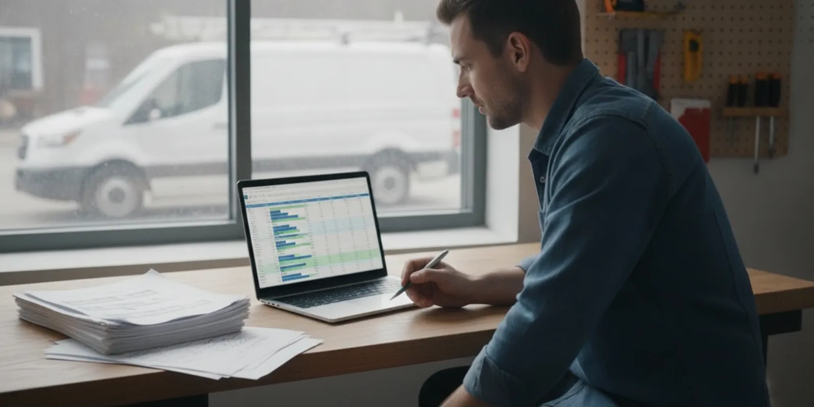 Handyman business owner reviewing a job estimate and cost calculations at a desk