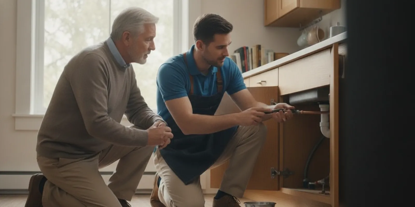 Handyman technician discussing repair options with a homeowner beside a work area