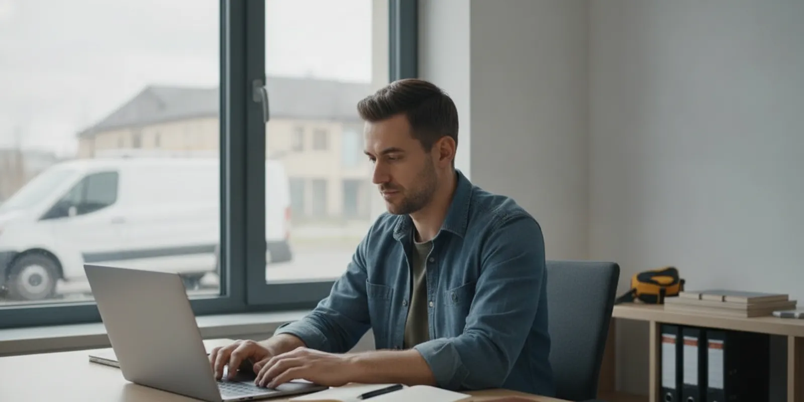Handyman business owner reviewing a growth plan and job schedule at a desk