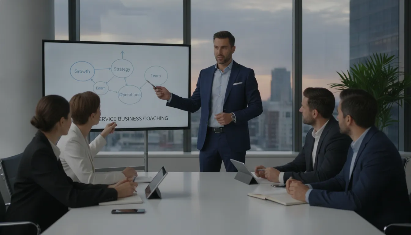 A home service business coach leads a team meeting to plan for strategic growth.