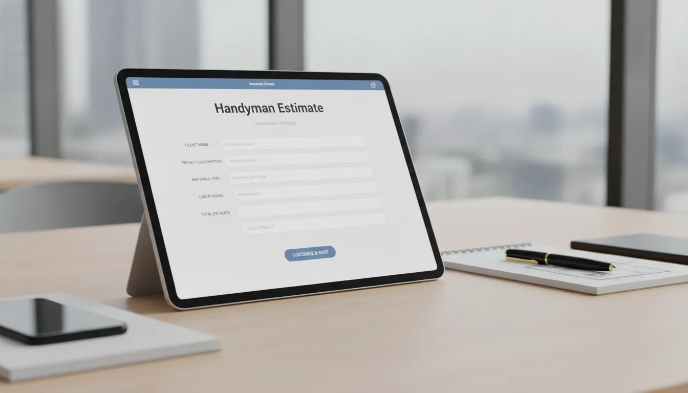 Free handyman estimate template on a tablet for customizable project quotes and pricing.