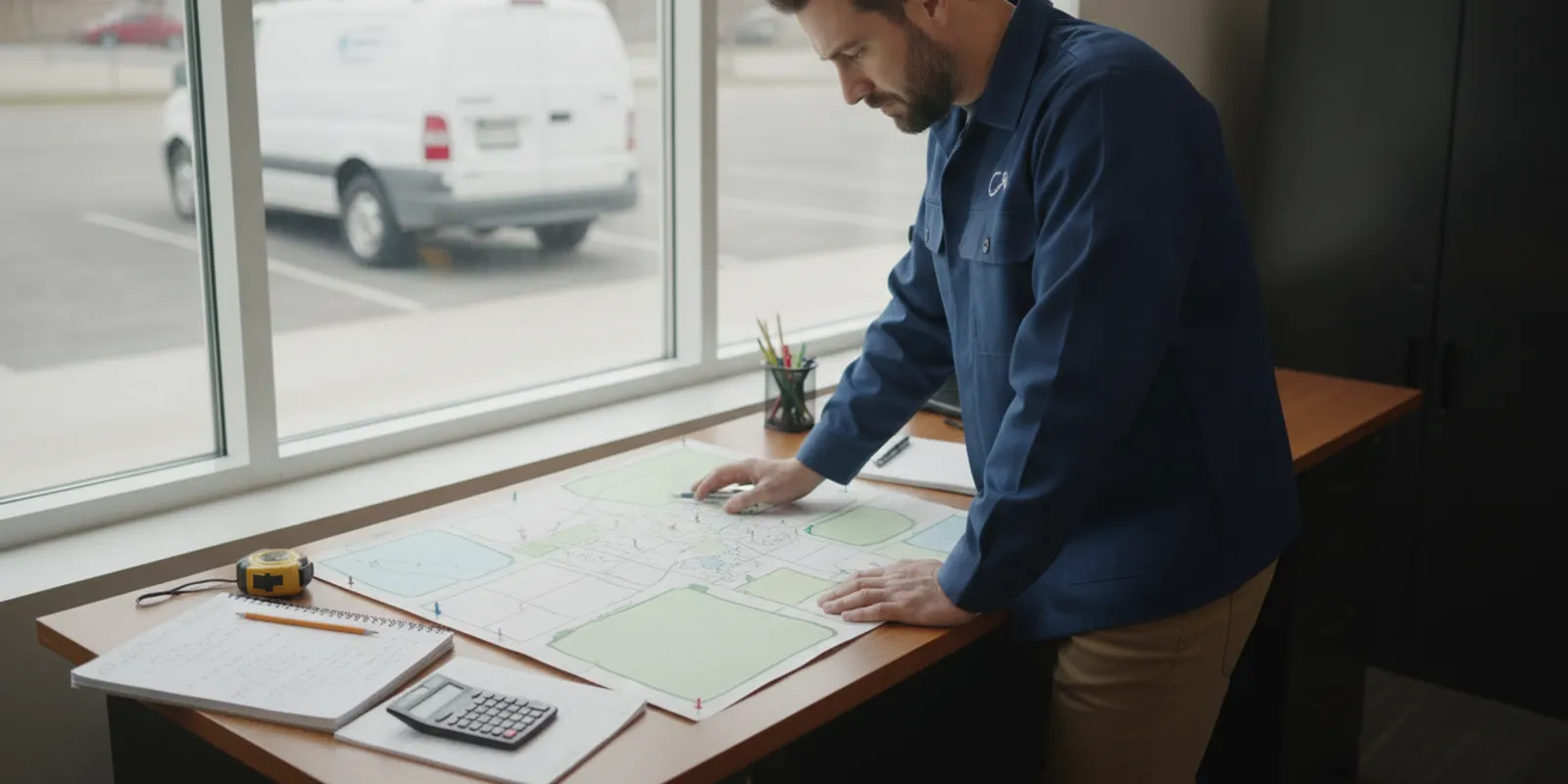 Handyman business owner reviewing a service-area map and trip-fee notes at a desk