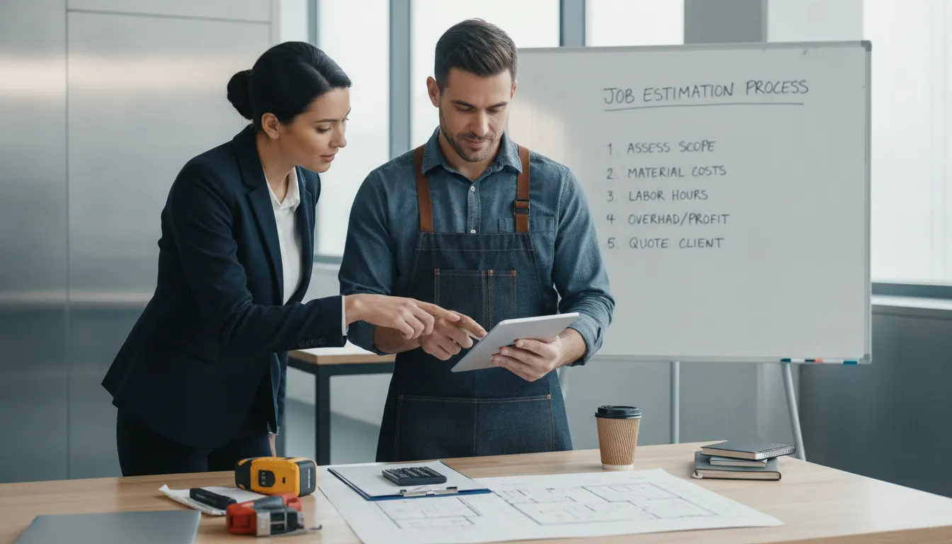 Two professionals reviewing a handyman job estimate on a tablet beside a whiteboard.