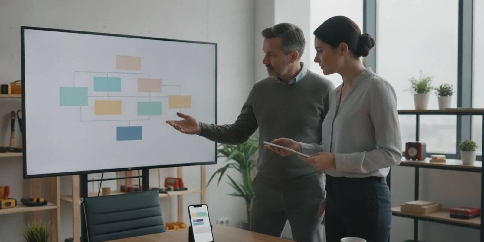 Handyman business owner reviewing an organized call intake workflow with an office team member