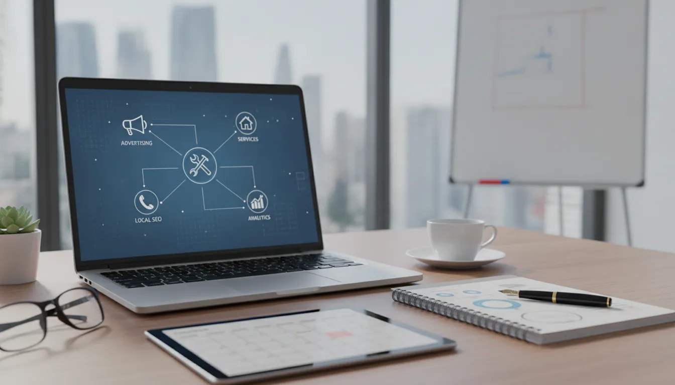 Laptop displaying a marketing for handyman business plan.