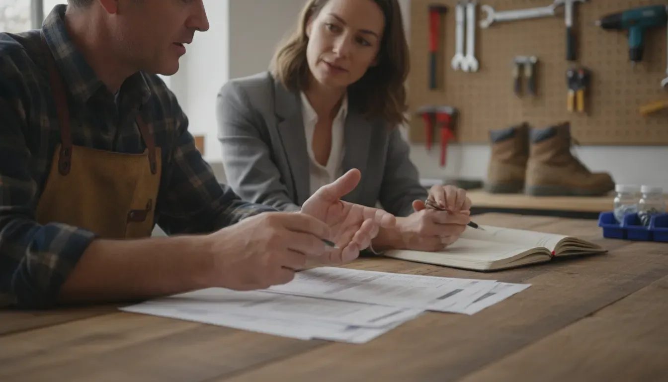 Handyman business owner and advisor reviewing job records and bookkeeping in a workshop