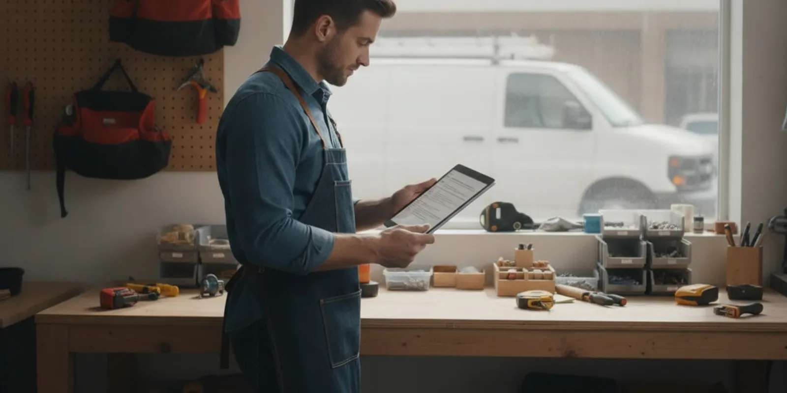 Handyman business owner reviewing handyman business insurance coverage beside a work van and tools