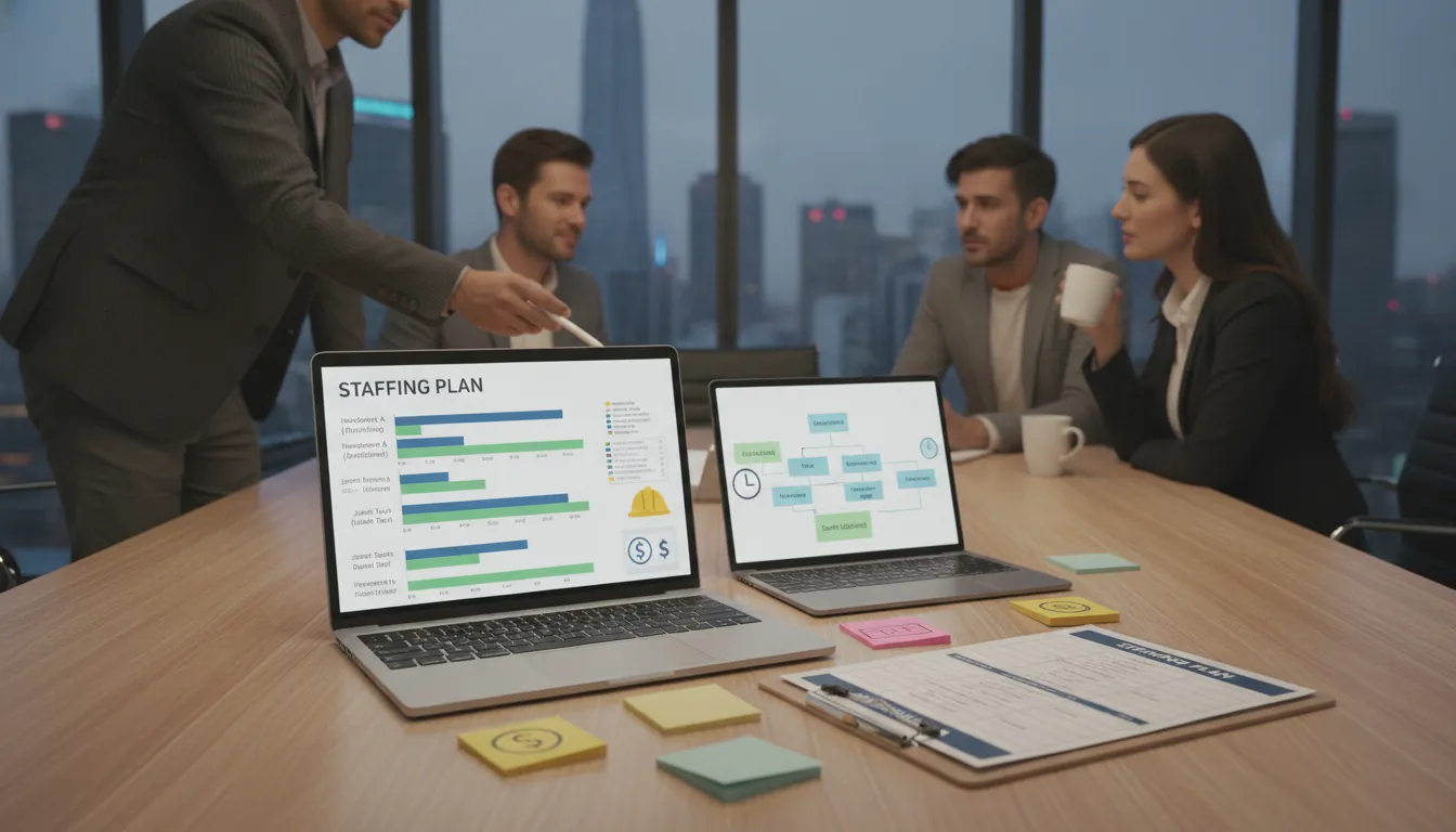 Team discussing a staffing plan with laptops and charts in an office meeting room.