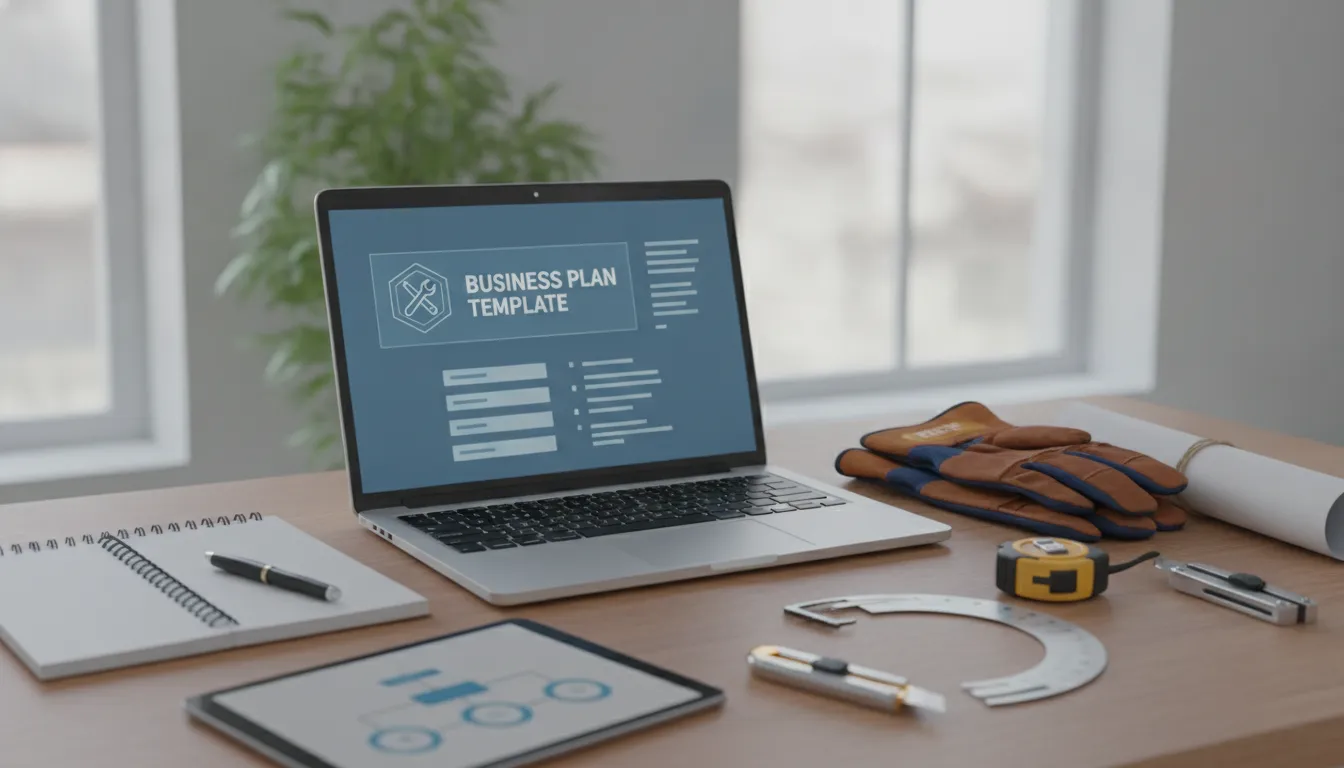 Handyman business plan template on a laptop with a notepad and tools, ready for business planning.