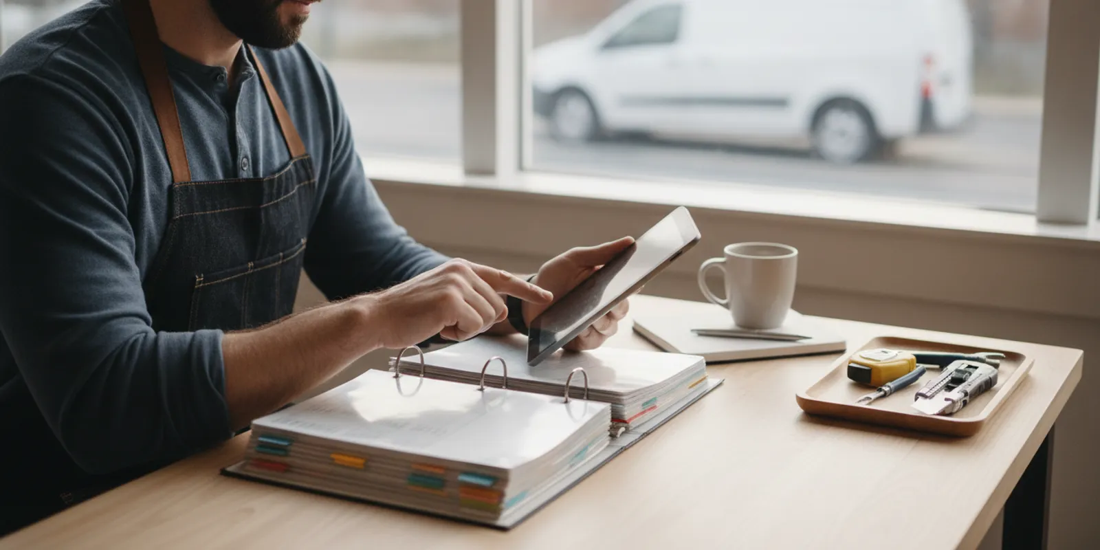 Handyman business owner reviewing a clearly organized service menu at a desk