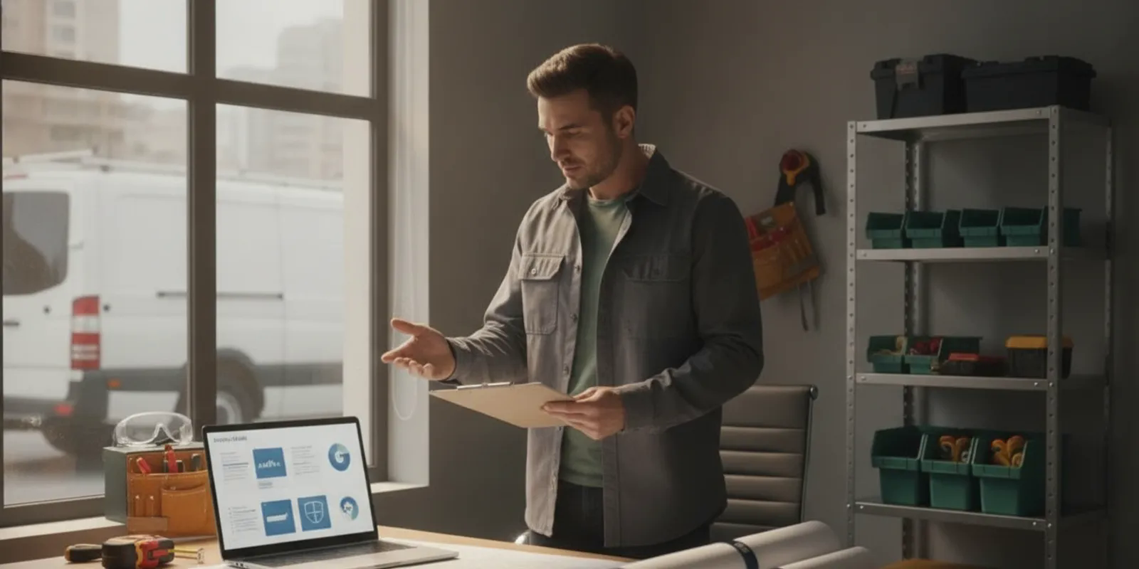 Handyman business owner reviewing a job scope and permit paperwork at a desk