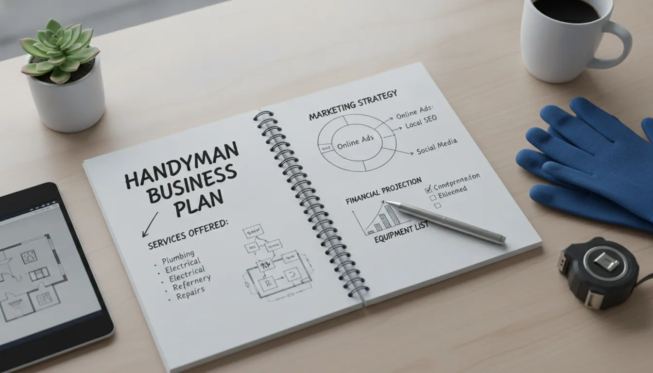 Handyman business plan in a notebook, outlining marketing, financial projections, and services offered.