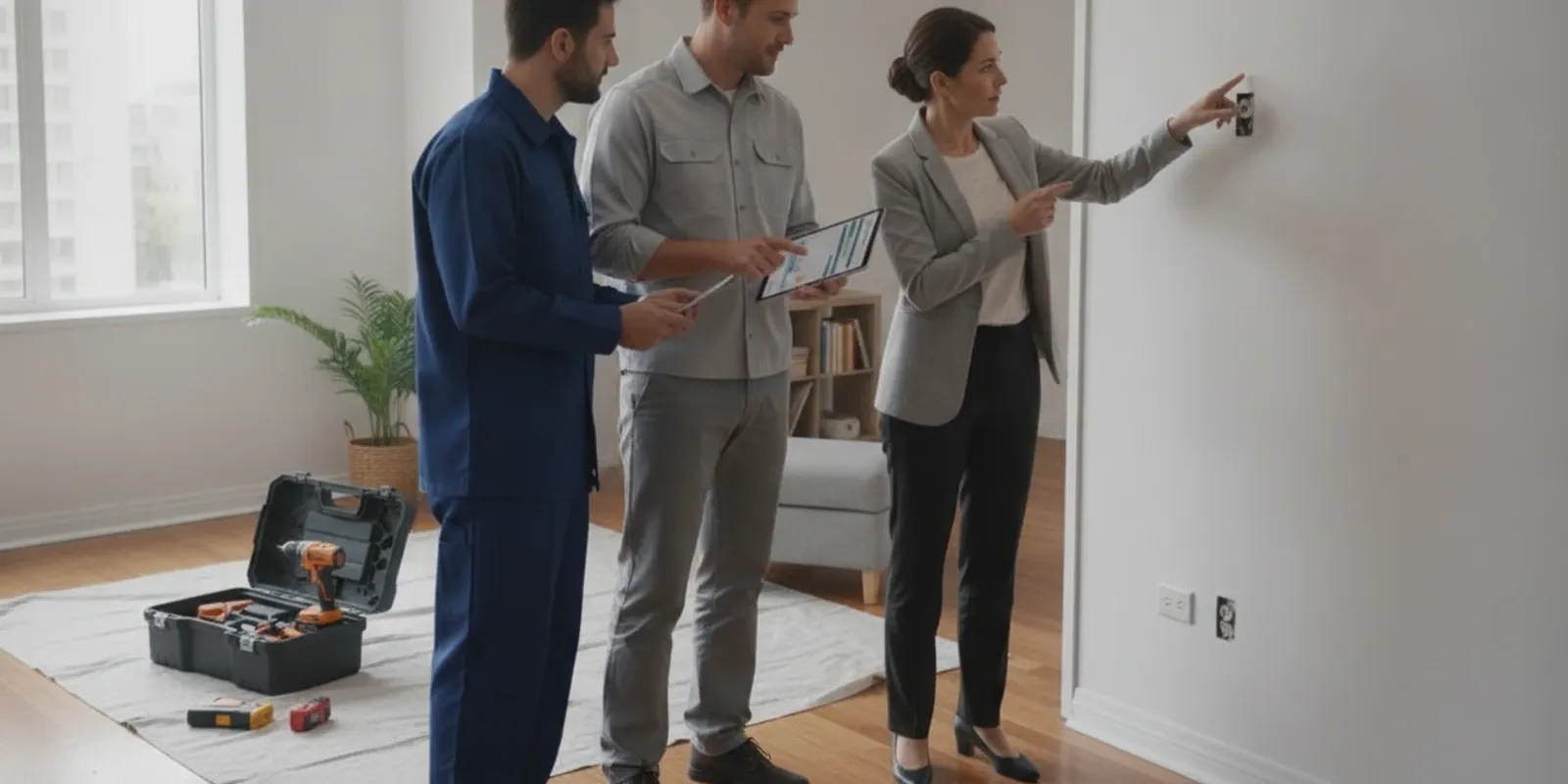 Handyman business owner reviewing a job estimate with a technician at a home