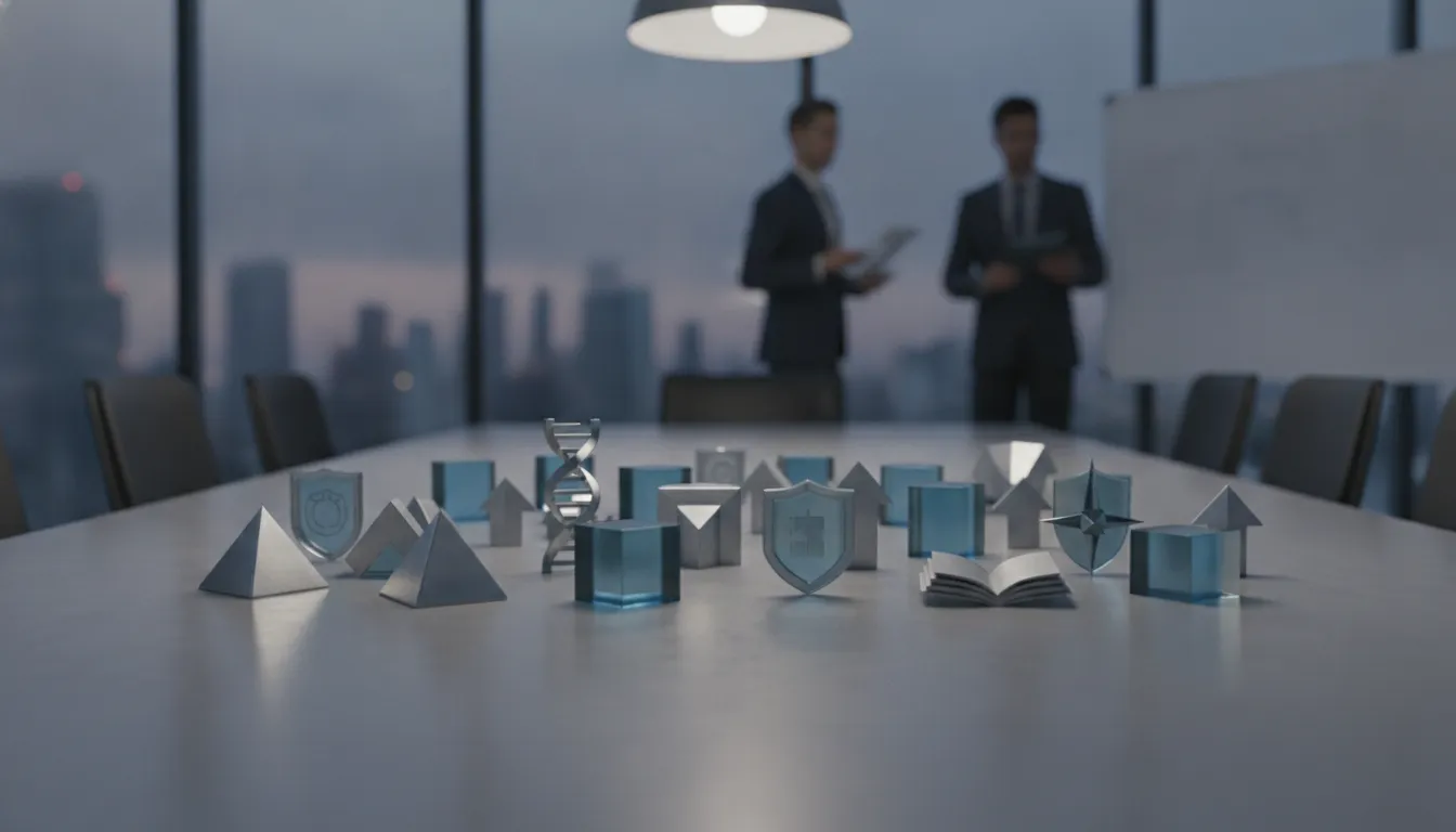 Conference room table with supervisor role icons and two business professionals in the background.