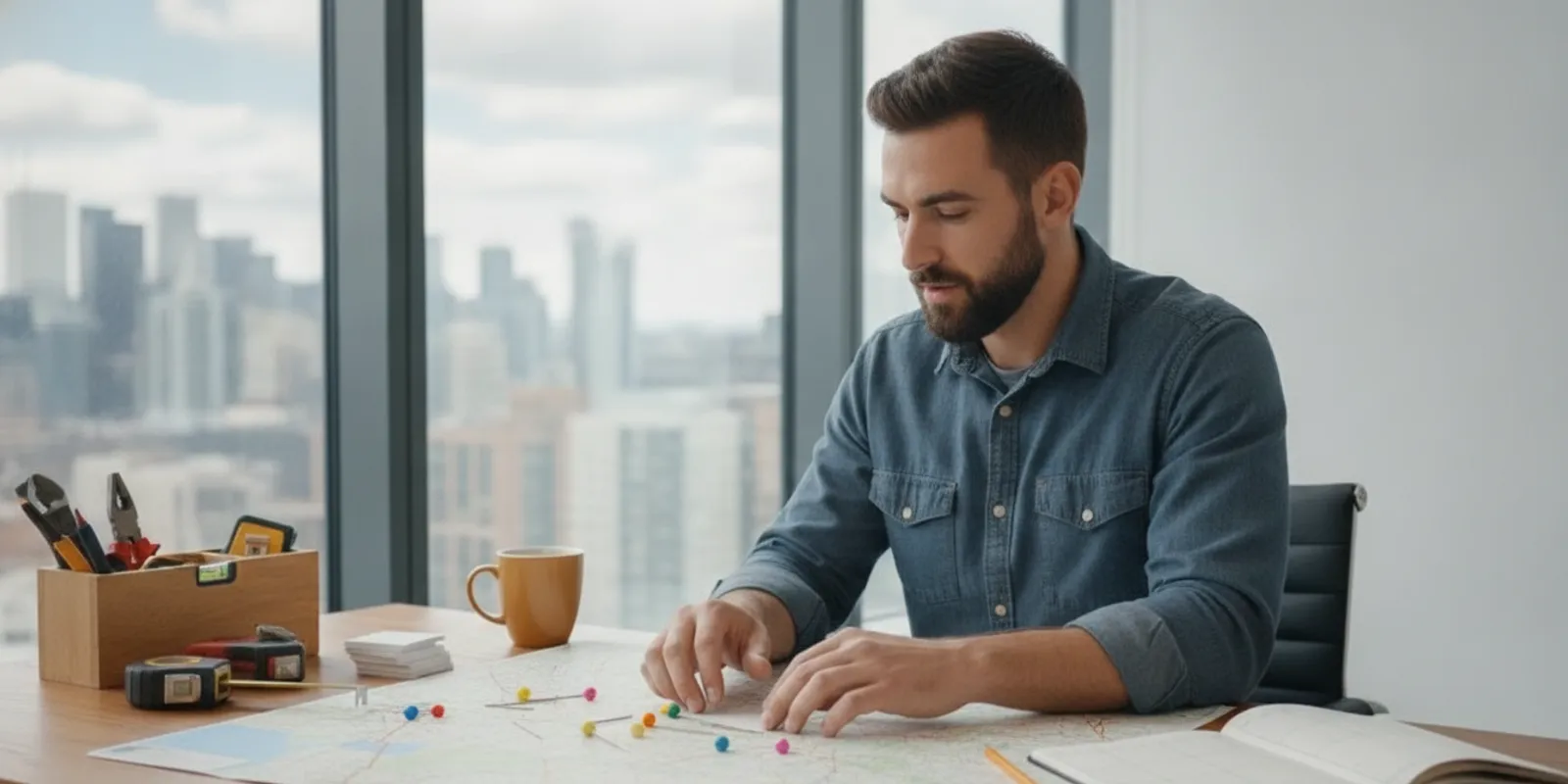 Handyman business owner reviewing a job estimate and schedule at a desk
